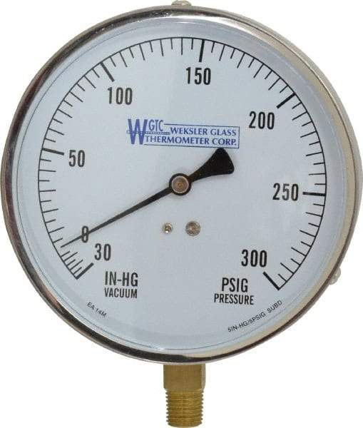 WGTC - 4-1/2" Dial, 1/4 Thread, 30-0-300 Scale Range, Pressure Gauge - Lower Connection Mount, Accurate to 1% of Scale - A1 Tooling