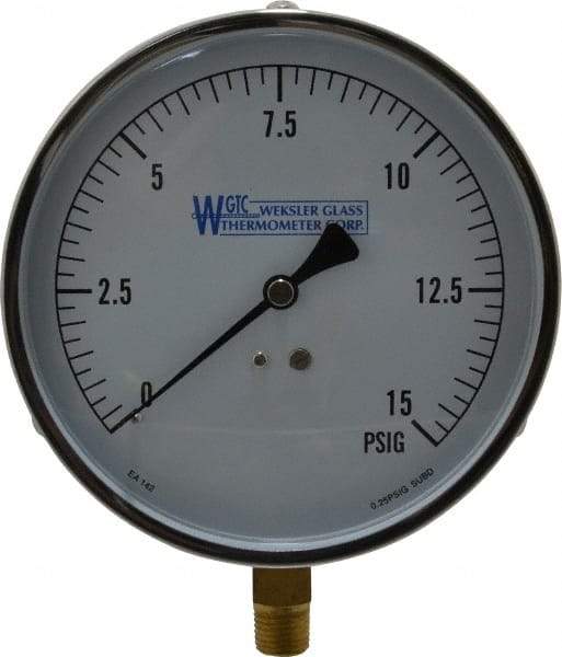 WGTC - 4-1/2" Dial, 1/4 Thread, 0-15 Scale Range, Pressure Gauge - Lower Connection Mount, Accurate to 1% of Scale - A1 Tooling