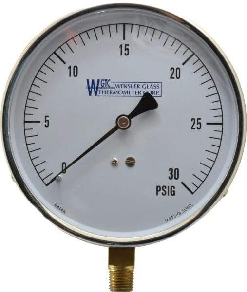 WGTC - 4-1/2" Dial, 1/4 Thread, 0-30 Scale Range, Pressure Gauge - Lower Connection Mount, Accurate to 1% of Scale - A1 Tooling