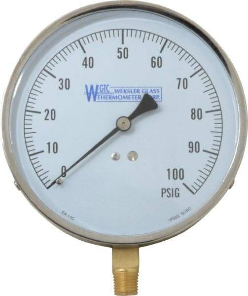 WGTC - 4-1/2" Dial, 1/4 Thread, 0-100 Scale Range, Pressure Gauge - Lower Connection Mount, Accurate to 1% of Scale - A1 Tooling