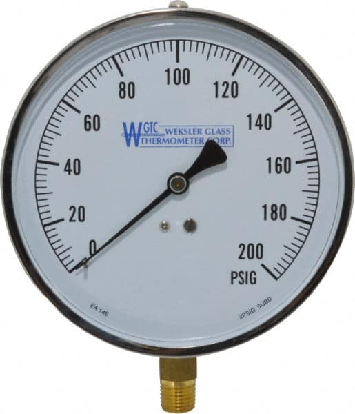 WGTC - 4-1/2" Dial, 1/4 Thread, 0-200 Scale Range, Pressure Gauge - Lower Connection Mount, Accurate to 1% of Scale - A1 Tooling