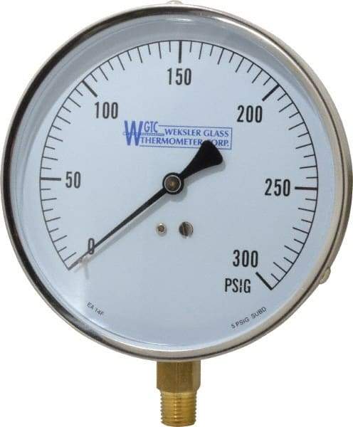 WGTC - 4-1/2" Dial, 1/4 Thread, 0-300 Scale Range, Pressure Gauge - Lower Connection Mount, Accurate to 1% of Scale - A1 Tooling