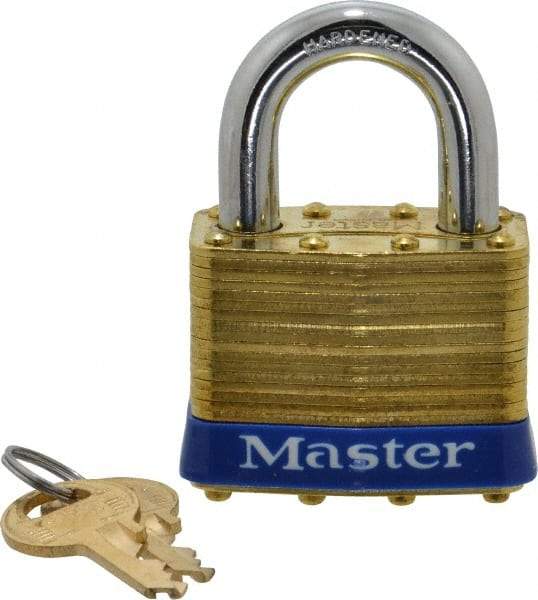 Master Lock - 1" Shackle Clearance, Keyed Alike Laminated Brass Padlock - 3/8" Shackle Diam, Brass - A1 Tooling