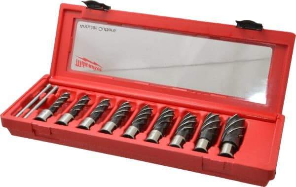 Milwaukee Tool - 9 Piece, 1/2 to 15/16" Cutter Diam, 2" Cutting Depth, Steel Annular Cutter Set - Bright Finish, 3/4" Shank Diam, 1/2", 9/16", 5/8", 11/16", 3/4", 13/16", 7/8", 15/16", 1-1/16" Cutter Diams, 2 Flats on Shank - A1 Tooling