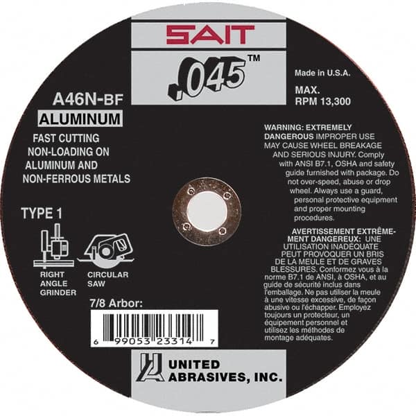 Sait - 6" 46 Grit Aluminum Oxide Cutoff Wheel - 0.045" Thick, 7/8" Arbor, 10,200 Max RPM, Use with Angle Grinders - A1 Tooling