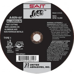 Sait - 4-1/2" 46 Grit Aluminum Oxide Cutoff Wheel - 0.045" Thick, 7/8" Arbor, 13,300 Max RPM, Use with Angle Grinders - A1 Tooling