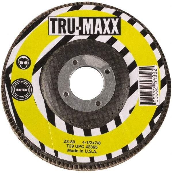 Tru-Maxx - 36 Grit, 4-1/2" Disc Diam, 5/8-11 Center Hole, Type 29 Flap Disc - 13,300 Max RPM, Arbor Attaching System, Coated - A1 Tooling