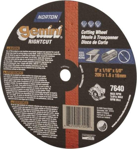 Norton - 8" Aluminum Oxide Cutoff Wheel - 1/16" Thick, 5/8" Arbor, 7,640 Max RPM, Use with Circular Saws - A1 Tooling