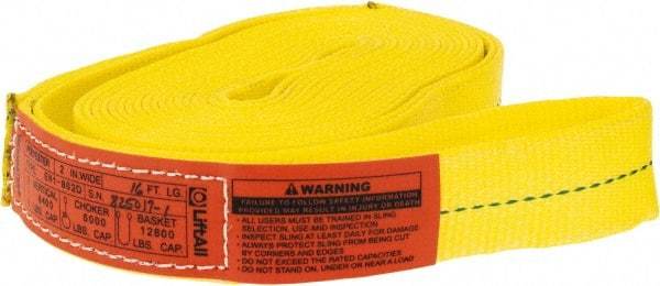 Lift-All - 16' Long x 2" Wide, 6,400 Lb Vertical Capacity, 1 Ply, Polyester Web Sling - 5,000 Lb Choker Capacity, Yellow - A1 Tooling