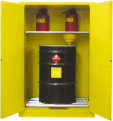 Securall Cabinets - 43" Wide x 31" Deep x 65" High, 18 Gauge Steel Vertical Drum Cabinet with 3 Point Key Lock - Yellow, Manual Closing Door, 1 Shelf, 2 Drums, Drum Rollers Included - A1 Tooling