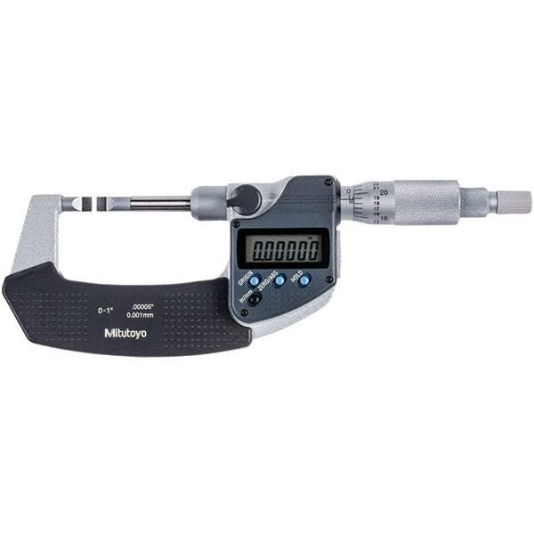 Mitutoyo - 0 to 1" Range, 0.00005" Resolution, Blade Throat IP54 Electronic Outside Micrometer - 0.00015" Accuracy, Ratchet Stop Thimble, Carbide-Tipped Face, SR44 Battery - A1 Tooling