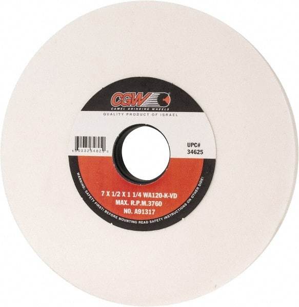 Camel Grinding Wheels - 7" Diam x 1-1/4" Hole x 1/2" Thick, K Hardness, 120 Grit Surface Grinding Wheel - Aluminum Oxide, Type 1, Fine Grade, 3,760 Max RPM, Vitrified Bond, No Recess - A1 Tooling