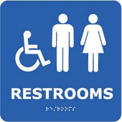 NMC - Restrooms, 8" Wide x 8" High, Plastic Sign - English, Braille, White on Blue, Wall Mount - A1 Tooling