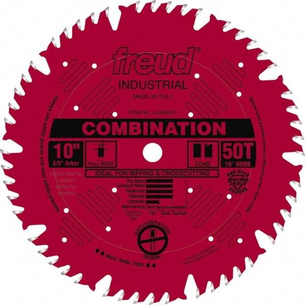 Freud - 10" Diam, 5/8" Arbor Hole Diam, 50 Tooth Wet & Dry Cut Saw Blade - Carbide-Tipped, Standard Round Arbor - A1 Tooling