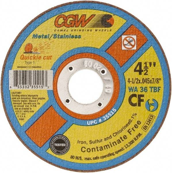 Camel Grinding Wheels - 4-1/2" 36 Grit Zirconia Alumina Cutoff Wheel - 0.045" Thick, 7/8" Arbor, 13,300 Max RPM - A1 Tooling