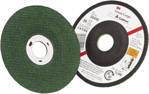 3M - 36 Grit, 4-1/2" Wheel Diam, 1/8" Wheel Thickness, 7/8" Arbor Hole, Type 27 Depressed Center Wheel - Ceramic - A1 Tooling