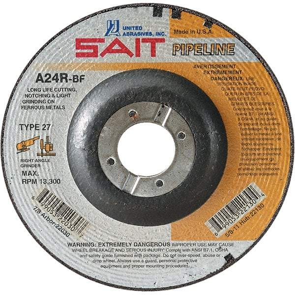 Sait - 24 Grit, 6" Wheel Diam, 1/8" Wheel Thickness, 7/8" Arbor Hole, Type 27 Depressed Center Wheel - Aluminum Oxide, Resinoid Bond, R Hardness, 10,200 Max RPM, Compatible with Angle Grinder - A1 Tooling