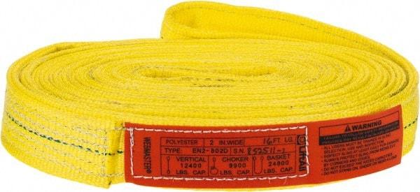 Lift-All - 16' Long x 2" Wide, 12,200 Lb Vertical Capacity, 2 Ply, Polyester Web Sling - 9,800 Lb Choker Capacity, Yellow - A1 Tooling