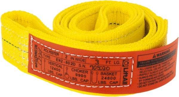 Lift-All - 3' Long x 2" Wide, 12,200 Lb Vertical Capacity, 2 Ply, Polyester Web Sling - 9,800 Lb Choker Capacity, Yellow - A1 Tooling