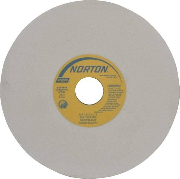 Norton - 8" Diam x 1-1/4" Hole x 1/4" Thick, K Hardness, 100 Grit Surface Grinding Wheel - Aluminum Oxide, Type 1, Fine Grade, 3,600 Max RPM, Vitrified Bond, No Recess - A1 Tooling