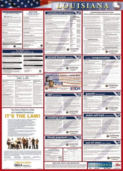 NMC - 24" Wide x 40" High Laminated Paper Labor Law Information Poster - Louisiana Jurisdiction, 0.03" Thick, English - A1 Tooling