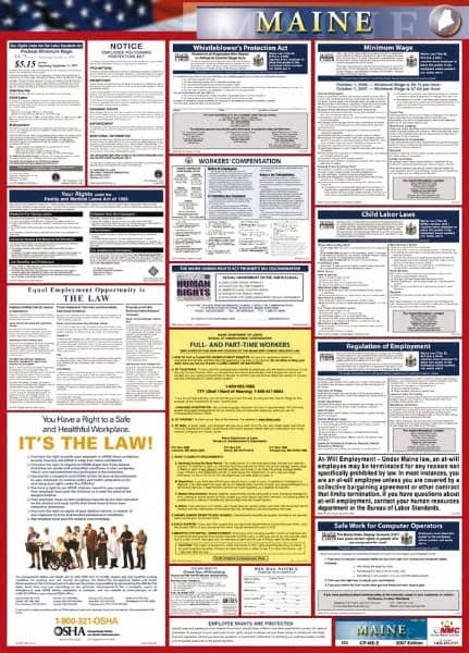 NMC - 24" Wide x 40" High Laminated Paper Labor Law Information Poster - Maine Jurisdiction, 0.03" Thick, English - A1 Tooling