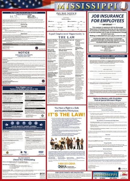 NMC - 24" Wide x 40" High Laminated Paper Labor Law Information Poster - Mississippi Jurisdiction, 0.03" Thick, English - A1 Tooling