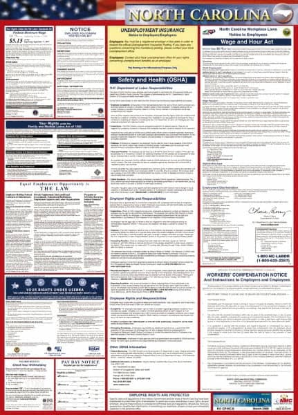 NMC - 24" Wide x 40" High Laminated Paper Labor Law Information Poster - North Carolina Jurisdiction, 0.03" Thick, English - A1 Tooling