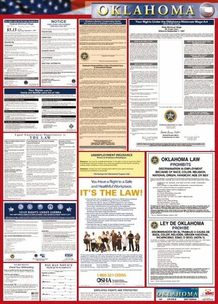 NMC - 24" Wide x 40" High Laminated Paper Labor Law Information Poster - Oklahoma Jurisdiction, 0.03" Thick, English - A1 Tooling