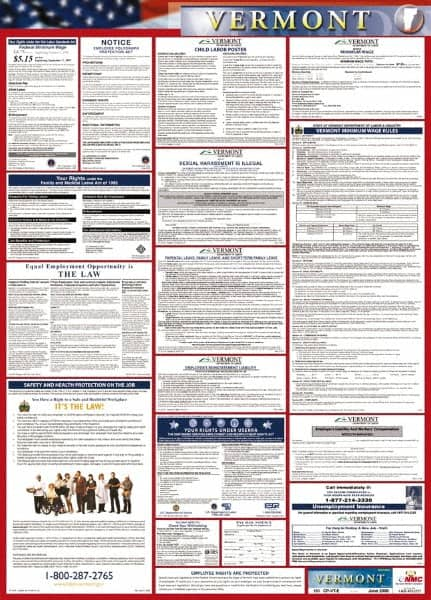 NMC - 24" Wide x 40" High Laminated Paper Labor Law Information Poster - Vermont Jurisdiction, 0.03" Thick, English - A1 Tooling