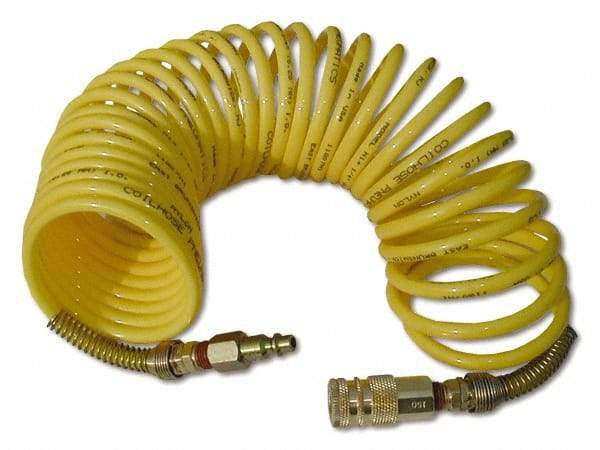 Coilhose Pneumatics - 1/2" ID, 1/2 Thread, 25' Long, Yellow Nylon Coiled & Self Storing Hose - 170 Max psi, Industrial Interchange Coupler x Male Swivel - A1 Tooling