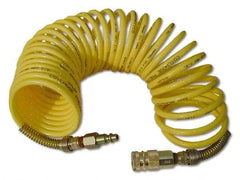 Coilhose Pneumatics - 3/8" ID, 3/8 Thread, 12' Long, Yellow Nylon Coiled & Self Storing Hose - 165 Max psi, Industrial Interchange Coupler x Male Swivel - A1 Tooling