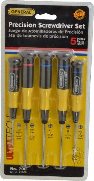 General - 5 Piece Phillips & Slotted Screwdriver Set - Electrician Shank, Plastic Handle, Blade Sizes: Length 1-1/2 & 2-1/2, Bit Sizes: Philips #00 to #1, Tip Thickness: 3/32 & 1/8 - A1 Tooling