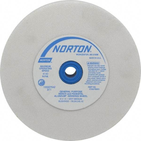 Norton - 60 Grit Aluminum Oxide Bench & Pedestal Grinding Wheel - 6" Diam x 1" Hole x 1" Thick, 4140 Max RPM, J Hardness, Medium Grade , Vitrified Bond - A1 Tooling