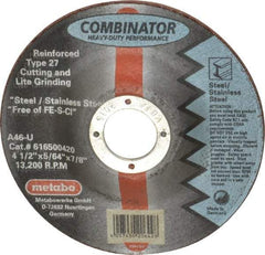 Metabo - 4-1/2" Zirconia Alumina Cutoff Wheel - 5/64" Thick, 7/8" Arbor, Use with Angle Grinders - A1 Tooling