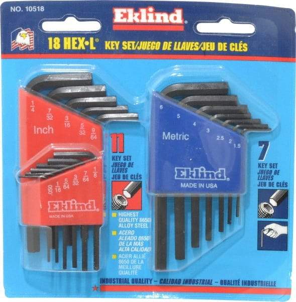 Eklind - 18 Piece L-Key Hex Key Set - Hex Range 0.05 to 1/4" - A1 Tooling