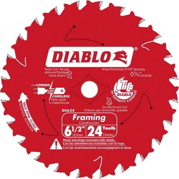 Freud - 6-1/2" Diam, 5/8" Arbor Hole Diam, 24 Tooth Wet & Dry Cut Saw Blade - Carbide-Tipped, Standard Round Arbor - A1 Tooling