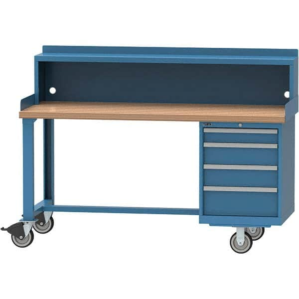 Workbench Top Mobile Work Center: 30″ OAD, 4 Drawer Steel Body, Butcher Block Top, Bright Blue