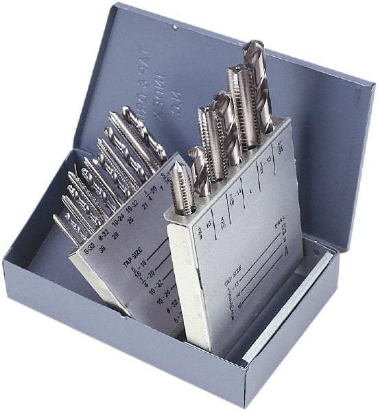 Chicago-Latrobe - 2.05 to 10.2mm Drill, M2.5x0.45 to M12x1.75 Tap, Hand Tap and Drill Set - Oxide Finish High Speed Steel Drills, Bright Finish High Speed Steel Taps, Plug Chamfer, 18 Piece Set, Includes Tap/Drill Chart - Exact Industrial Supply