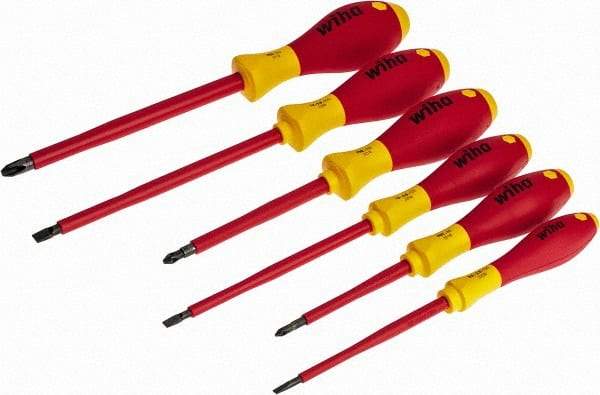 Wiha - 6 Piece Phillips & Slotted Screwdriver Set - Round Shank, Insulated Handle, Bit Sizes: Philips #1 to #3, Tip Thickness: 9/64, 3/16 & 1/4 - A1 Tooling