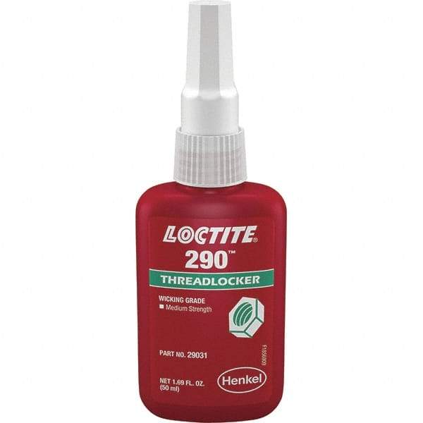 Loctite - 50 mL Bottle, Green, Medium Strength Liquid Threadlocker - Series 290, 24 hr Full Cure Time, Hand Tool, Heat Removal - A1 Tooling