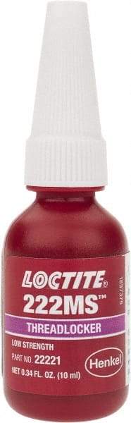 Loctite - 10 mL Bottle, Purple, Low Strength Liquid Threadlocker - Series 222MS, 24 hr Full Cure Time, Hand Tool Removal - A1 Tooling