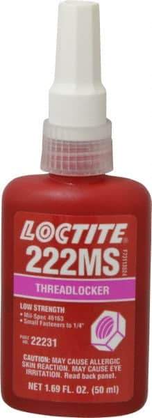 Loctite - 50 mL Bottle, Purple, Low Strength Liquid Threadlocker - Series 222MS, 24 hr Full Cure Time, Hand Tool, Heat Removal - A1 Tooling