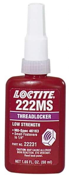 Loctite - 250 mL Bottle, Purple, Low Strength Liquid Threadlocker - Series 222MS, 24 hr Full Cure Time, Hand Tool, Heat Removal - A1 Tooling