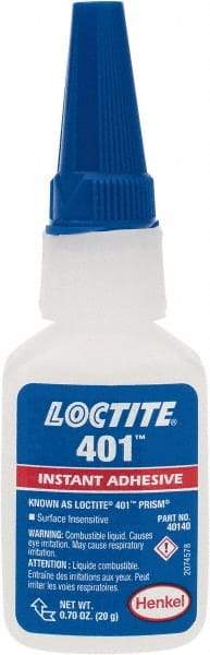 Loctite - 0.70 oz Bottle Clear Instant Adhesive - Series 401, 15 sec Fixture Time, 24 hr Full Cure Time, Bonds to Plastic & Rubber - A1 Tooling