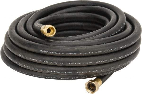 Parker - 50' Long Contractor Hose - 5/8" Diam, 3/4" GHT, Rubber, 100 psi, Black - A1 Tooling