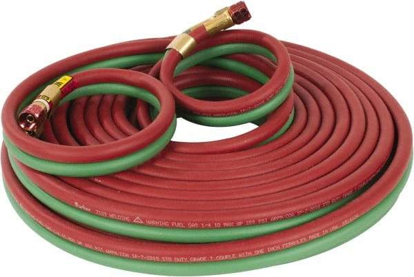 Parker - 1/4" Inside x 17/32" Outside Diam, Grade T Welding Hose - Green & Red, 50' Long, Twin Style, 200 psi Working Pressure - A1 Tooling