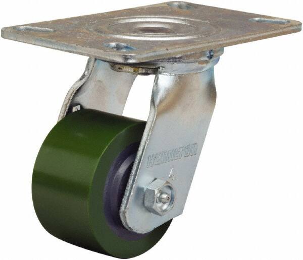 Hamilton - 3-1/4" Diam x 2" Wide x 5-1/4" OAH Top Plate Mount Swivel Caster - Polyurethane Mold onto Cast Iron Center, 575 Lb Capacity, Straight Roller Bearing, 4-1/2 x 6-1/4" Plate - A1 Tooling