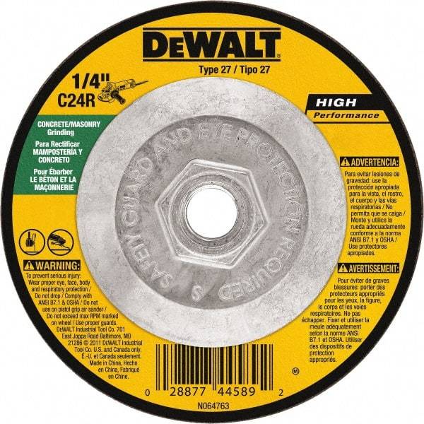 DeWALT - 24 Grit, 4-1/2" Wheel Diam, 1/8" Wheel Thickness, Type 27 Depressed Center Wheel - Silicon Carbide, Resinoid Bond, 13,300 Max RPM - A1 Tooling