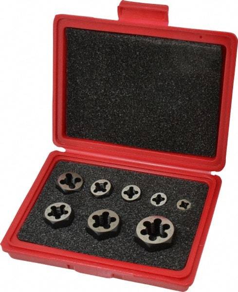 Cle-Line - 1/4-20 to 3/4-10 UNC, Hex, Round Die Set - Carbon Steel, 8 Piece Set, Comes with Plastic Case - Exact Industrial Supply